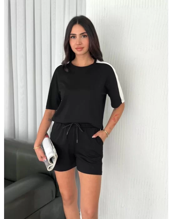 Osy Modal Yumuşak Dokulu Kumaş Parçalı Bisiklet Yaka T-shirt Kısa Şort İkili Takım - Siyah