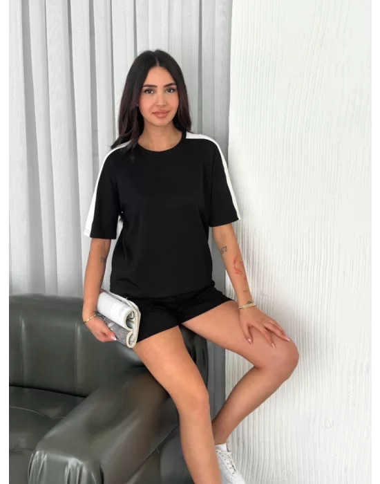 Osy Modal Yumuşak Dokulu Kumaş Parçalı Bisiklet Yaka T-shirt Kısa Şort İkili Takım - Siyah