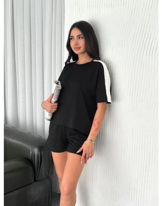 Osy Modal Yumuşak Dokulu Kumaş Parçalı Bisiklet Yaka T-shirt Kısa Şort İkili Takım - Siyah