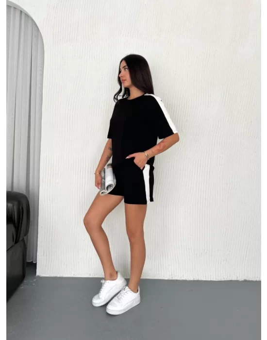Osy Modal Yumuşak Dokulu Kumaş Parçalı Bisiklet Yaka T-shirt Kısa Şort İkili Takım - Siyah