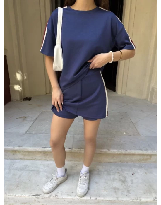 Osy Modal Yumuşak Dokulu Kumaş Parçalı Bisiklet Yaka T-shirt Mini Şortlu Etek İkili Takım -Lacivert