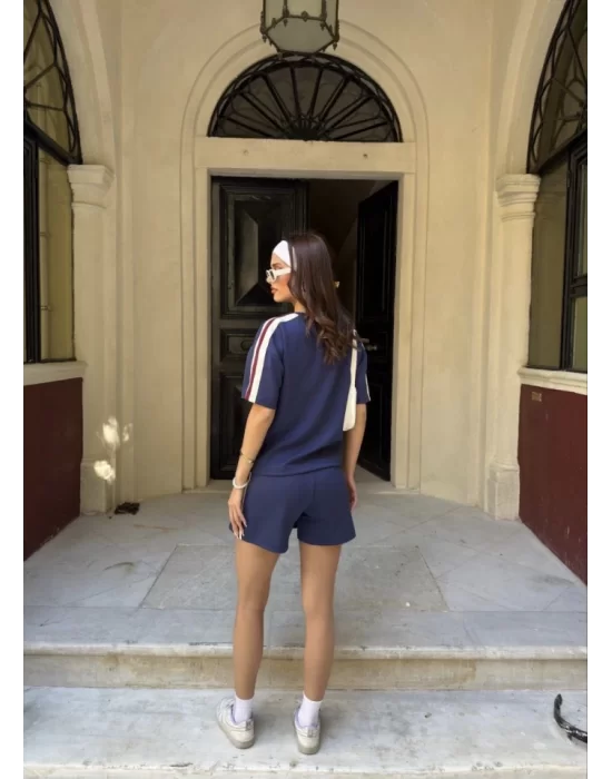Osy Modal Yumuşak Dokulu Kumaş Parçalı Bisiklet Yaka T-shirt Mini Şortlu Etek İkili Takım -Lacivert