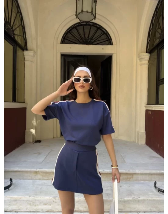 Osy Modal Yumuşak Dokulu Kumaş Parçalı Bisiklet Yaka T-shirt Mini Şortlu Etek İkili Takım -Lacivert