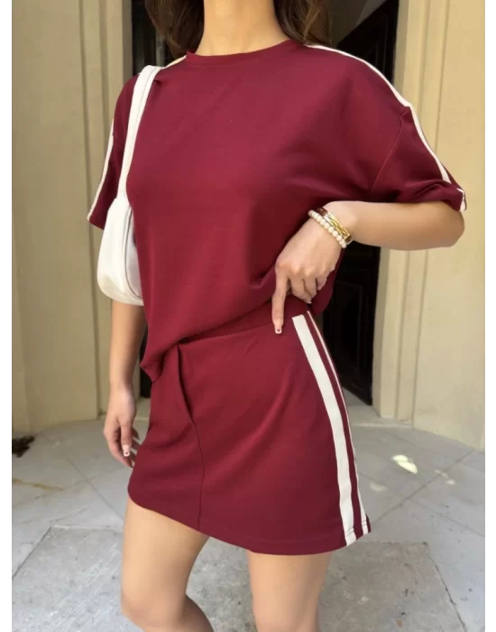 Osy Modal Yumuşak Dokulu Kumaş Parçalı Bisiklet Yaka T-shirt Mini Şortlu Etek İkili Takım -Bordo