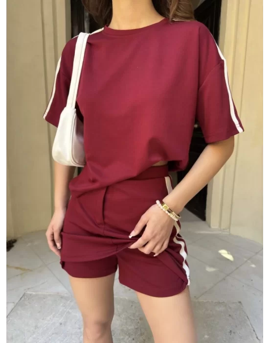 Osy Modal Yumuşak Dokulu Kumaş Parçalı Bisiklet Yaka T-shirt Mini Şortlu Etek İkili Takım -Bordo