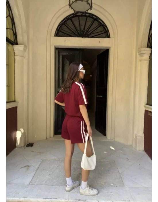 Osy Modal Yumuşak Dokulu Kumaş Parçalı Bisiklet Yaka T-shirt Mini Şortlu Etek İkili Takım -Bordo