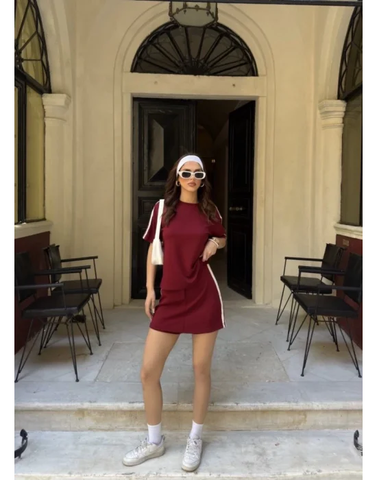 Osy Modal Yumuşak Dokulu Kumaş Parçalı Bisiklet Yaka T-shirt Mini Şortlu Etek İkili Takım -Bordo