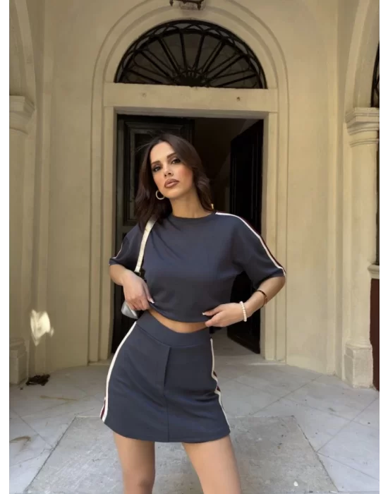 Osy Modal Yumuşak Dokulu Kumaş Parçalı Bisiklet Yaka T-shirt Mini Şortlu Etek İkili Takım - Füme