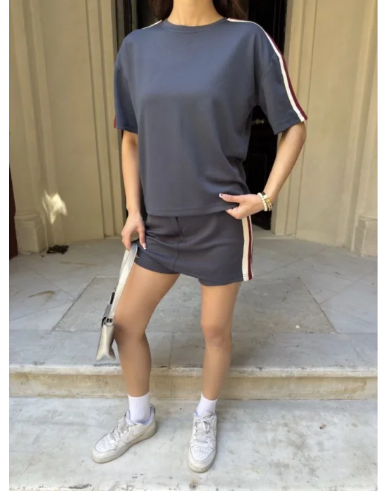 Osy Modal Yumuşak Dokulu Kumaş Parçalı Bisiklet Yaka T-shirt Mini Şortlu Etek İkili Takım - Füme