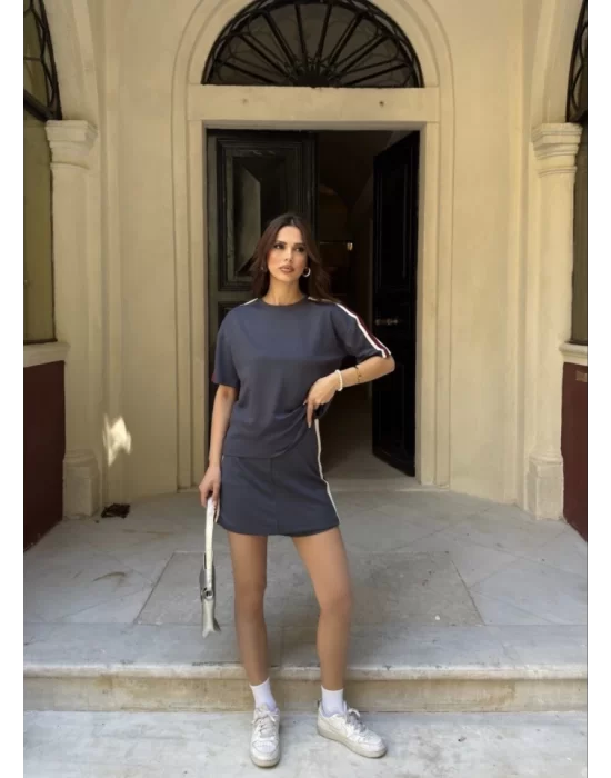 Osy Modal Yumuşak Dokulu Kumaş Parçalı Bisiklet Yaka T-shirt Mini Şortlu Etek İkili Takım - Füme