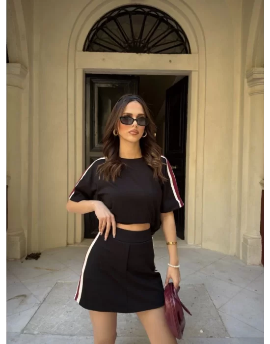 Osy Modal Yumuşak Dokulu Kumaş Parçalı Bisiklet Yaka T-shirt Mini Şortlu Etek İkili Takım - Siyah