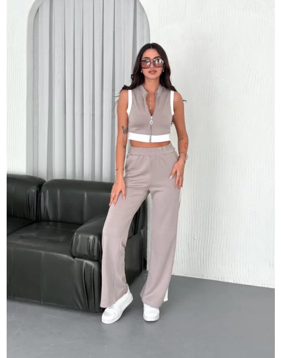 Osy Modal Yumuşak Dokulu Kumaş Tam Fermuarlı Crop Pantalon İkili Takım - Gri