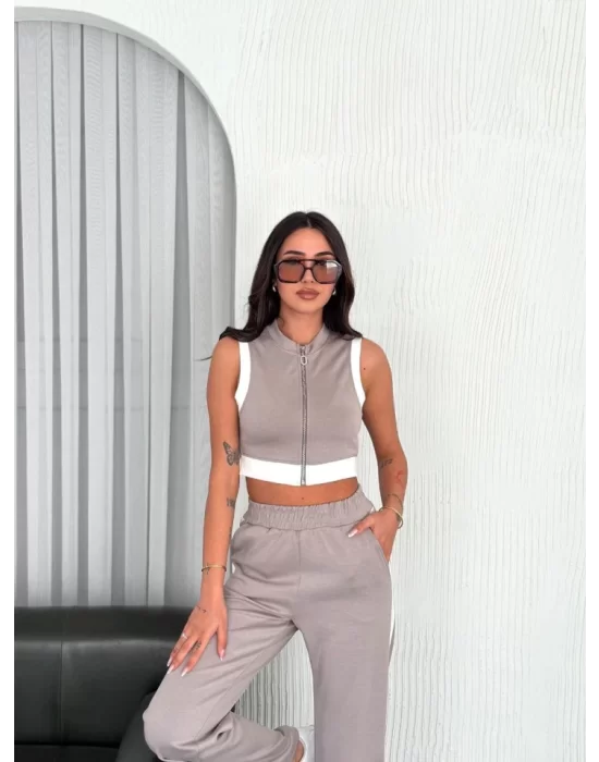 Osy Modal Yumuşak Dokulu Kumaş Tam Fermuarlı Crop Pantalon İkili Takım - Gri