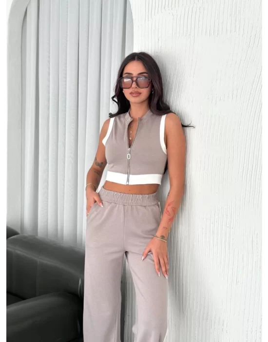 Osy Modal Yumuşak Dokulu Kumaş Tam Fermuarlı Crop Pantalon İkili Takım - Gri