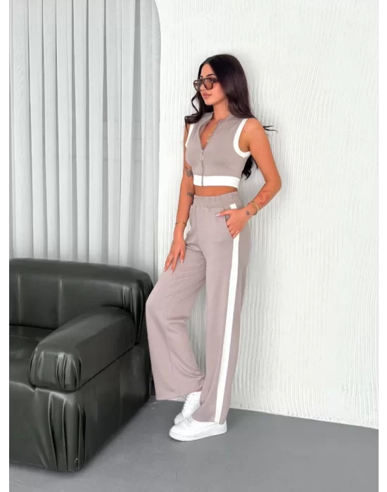 Osy Modal Yumuşak Dokulu Kumaş Tam Fermuarlı Crop Pantalon İkili Takım - Gri