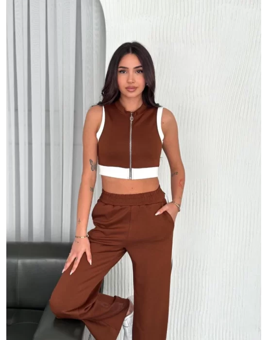Osy Modal Yumuşak Dokulu Kumaş Tam Fermuarlı Crop Pantalon İkili Takım - Kahverengi