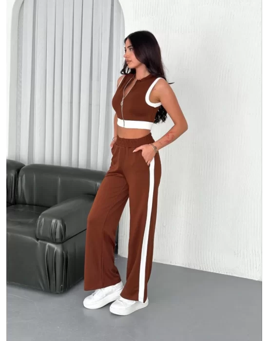 Osy Modal Yumuşak Dokulu Kumaş Tam Fermuarlı Crop Pantalon İkili Takım - Kahverengi