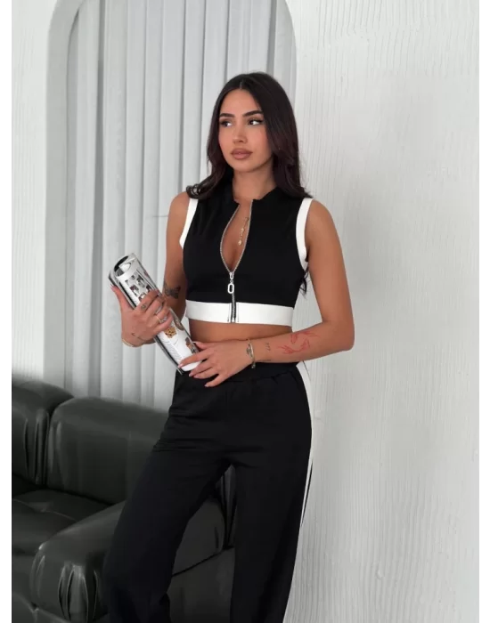 Osy Modal Yumuşak Dokulu Kumaş Tam Fermuarlı Crop Pantalon İkili Takım - Siyah