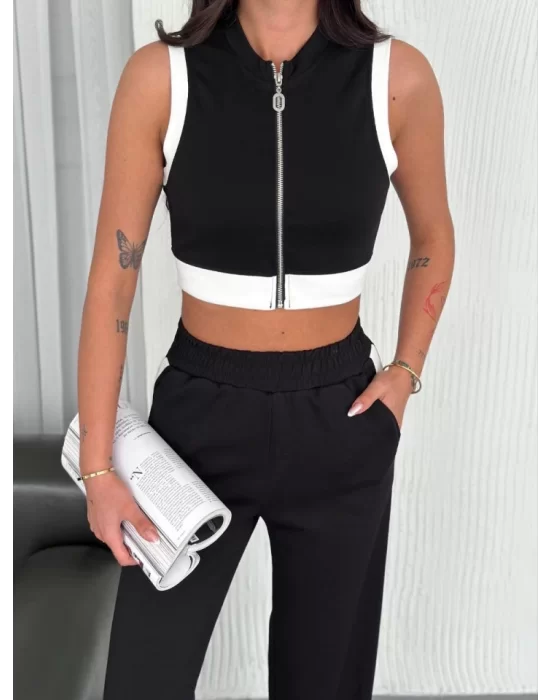 Osy Modal Yumuşak Dokulu Kumaş Tam Fermuarlı Crop Pantalon İkili Takım - Siyah
