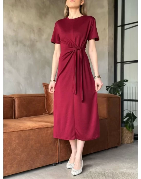 Osy Modal Yumuşak Dokulu Kumaş Yandan Bağlamalı Elbise - Bordo