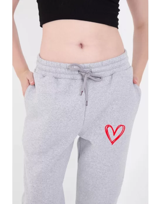 Oversize Boru Paça Baskılı Eşofman Pantolon - Gri