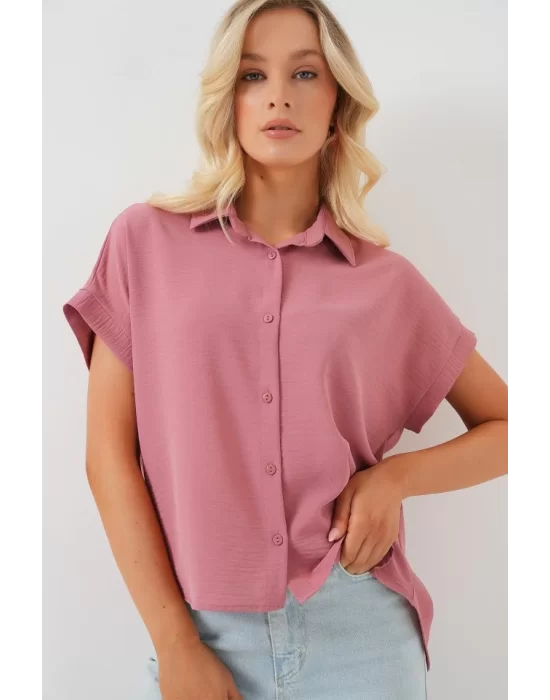 Oversize Kısa Kol Gömlek 20322 - Pembe