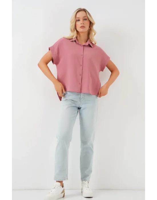 Oversize Kısa Kol Gömlek 20322 - Pembe