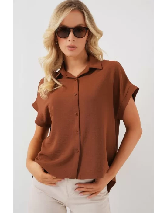 Oversize Kısa Kol Gömlek 20322 - Taba