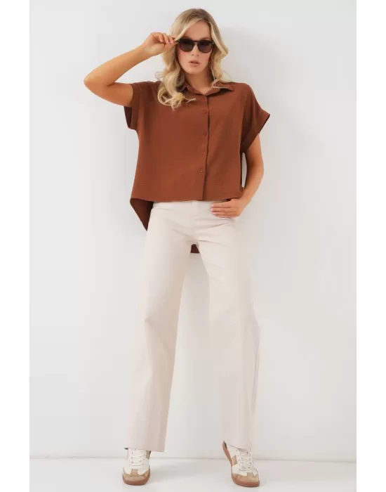 Oversize Kısa Kol Gömlek 20322 - Taba
