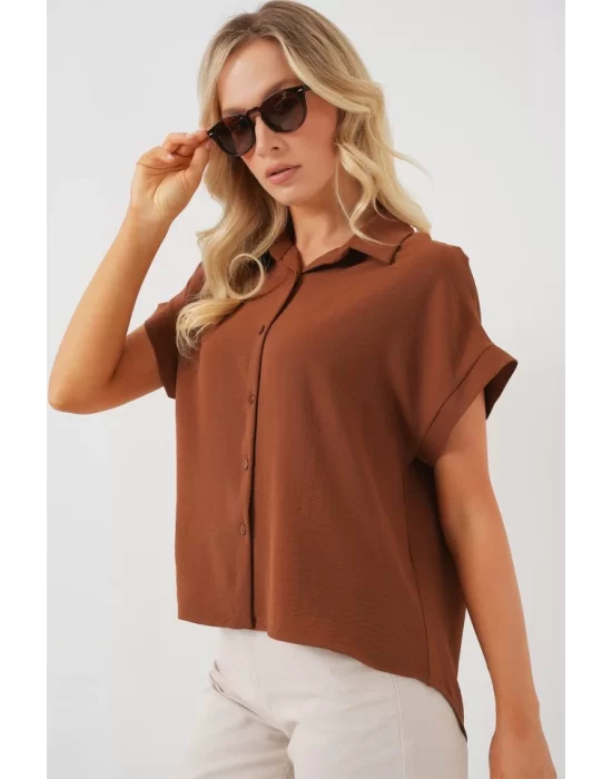 Oversize Kısa Kol Gömlek 20322 - Taba
