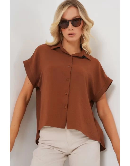 Oversize Kısa Kol Gömlek 20322 - Taba