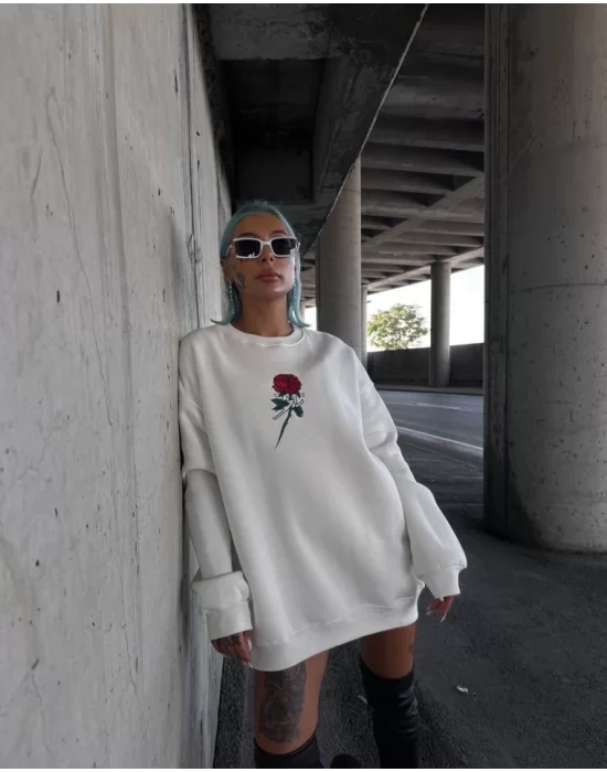 Oversize Üç İplik Bisiklet Yaka Baskılı SweatShirt - Beyaz
