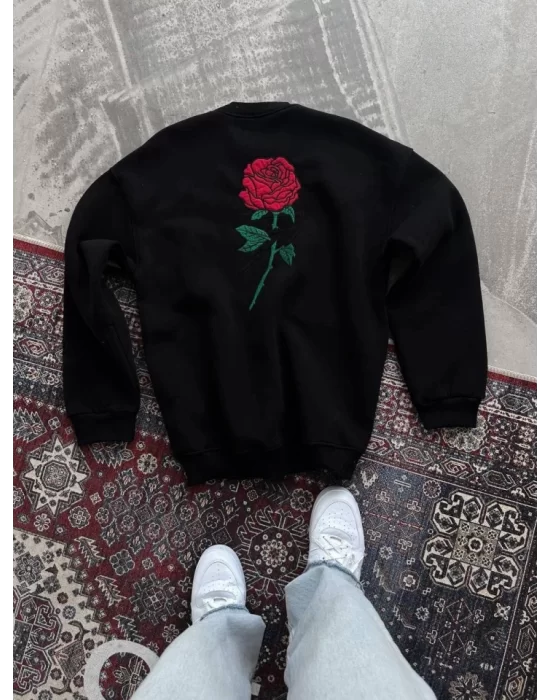 Oversize Üç İplik Bisiklet Yaka Baskılı SweatShirt - Siyah