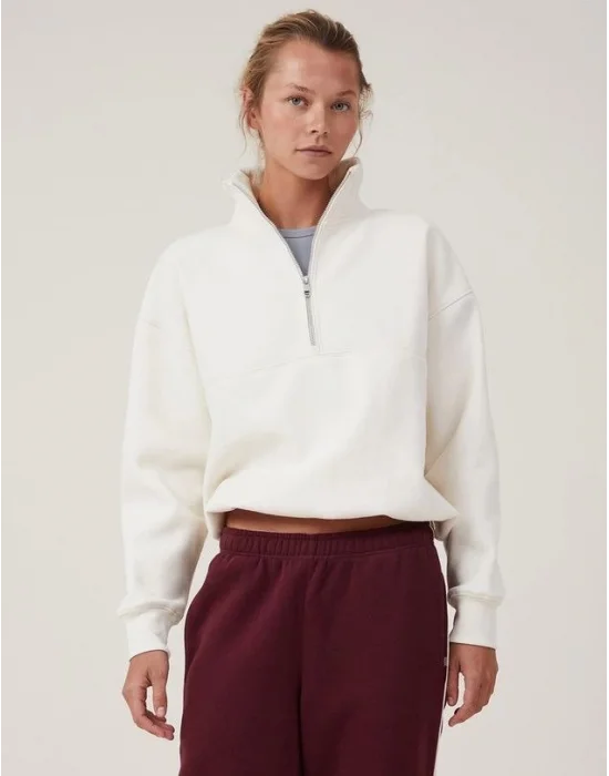 Oversize Yarım Farmuarlı Yakalı Basic SweatShirt - Beyaz