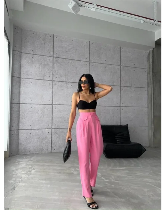 PANTOLON KAPALI CEP 3 DÜĞME DETAYLI - Pembe