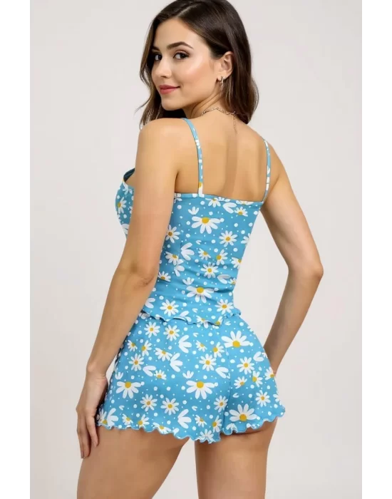 Papatya Baskılı Mavi Askılı Şortlu Pijama Takımı