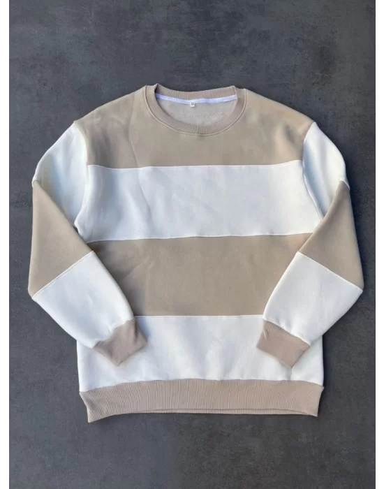 Parçalı Bisiklet Yaka Baskılı SweatShirt - Bej
