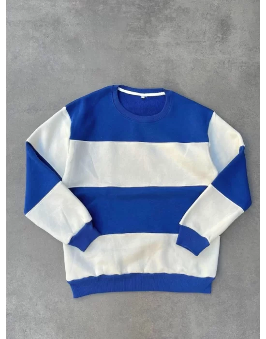 Parçalı Bisiklet Yaka Baskılı SweatShirt - Mavi