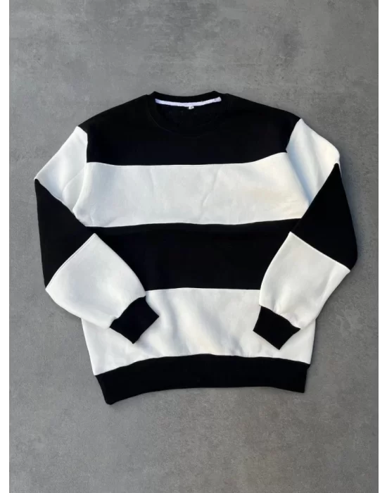 Parçalı Bisiklet Yaka Baskılı SweatShirt - Siyah