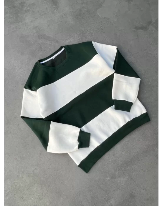 Parçalı Bisiklet Yaka Baskılı SweatShirt - Yeşil
