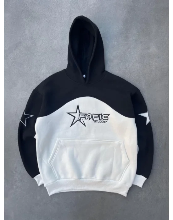 Parçalı Nakış İşlemelı Kapşonlu SweatShirt - Siyah
