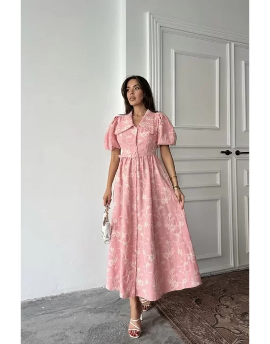 Pembe Bebe Yaka Balon Kollu Elbise