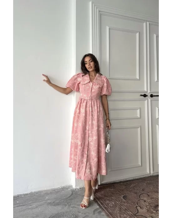 Pembe Bebe Yaka Balon Kollu Elbise