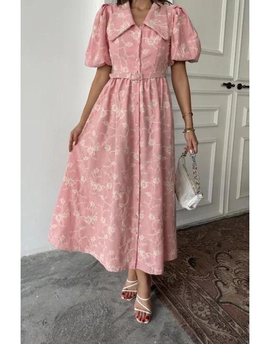 Pembe Bebe Yaka Balon Kollu Elbise