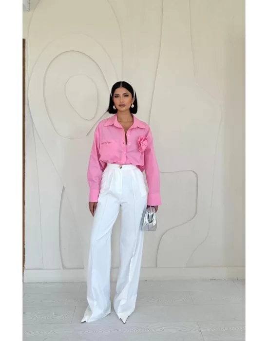 Pembe Fleto Cepli Poplin Gömlek