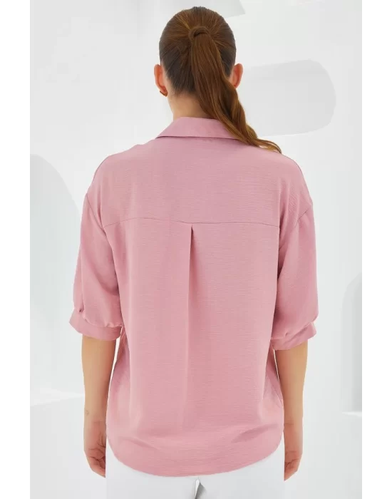 Pembe Kısa Kol Oversize Keten Gömlek 20240