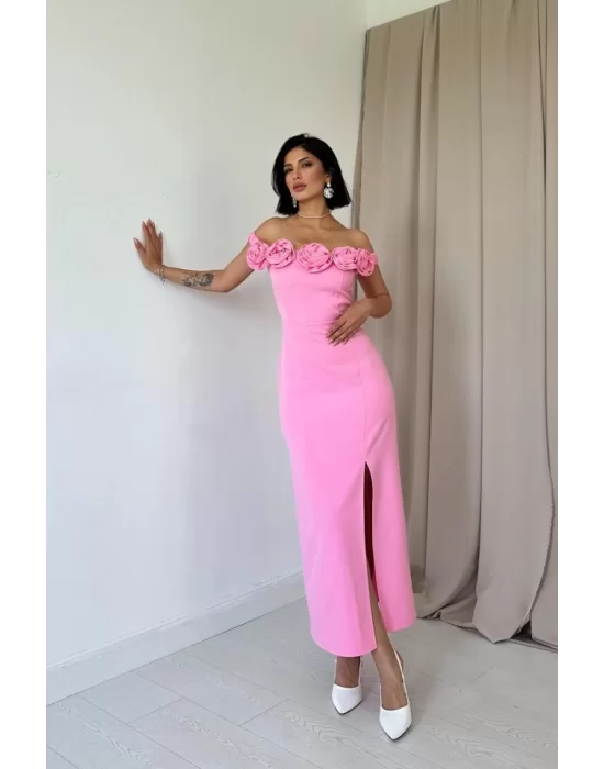 Kırmızı Madonna Yaka Güllü Elbise