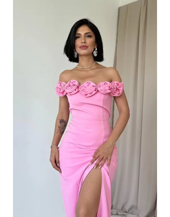 Kırmızı Madonna Yaka Güllü Elbise
