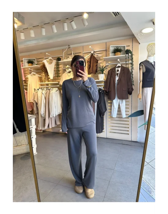 MetuCa Kadın Antrasit Pike Modal Kumaş Takım Dökümlü Bluz ve Geniş Paça Palazzo Pantolon