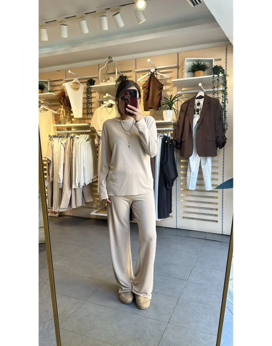 MetuCa Kadın Krem Pike Modal Pamuk Kumaş Takım Dökümlü Bluz ve Geniş Paça Palazzo Pantolon